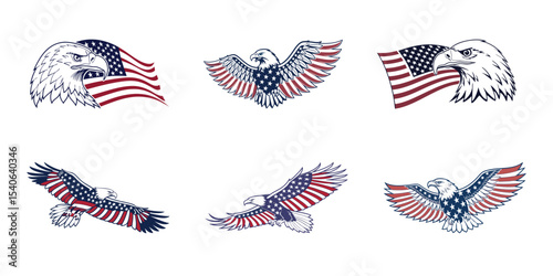 MobileSet of 6 Bald Eagles with American Flag – Patriotic USA Symbols of Strength, Leadership, and Independence Day Freedom
