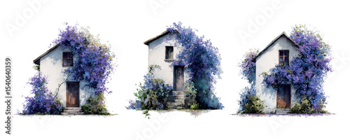 Watercolor set of white houses decorated with purple bush flowers. Small Italian villa facade decorated with flowers. Mediterranean style villa. Vector illustration.