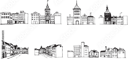 Set of city buildings. Line urban backdrop, different buildings on street, doodle street draw, outline cityscape hand sketch, flat houses. Hand drawn vector illustration