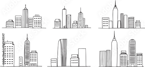 Set of city buildings. Line urban backdrop, different buildings on street, doodle street draw, outline cityscape hand sketch, flat houses. Hand drawn vector illustration