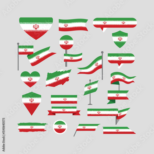 "Iran Flag Icon Set – Vector Collection of Iranian Flag Symbols, Shapes, and Map Designs in Red, Green, and White"