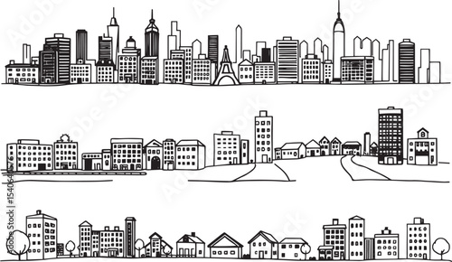 Set of city buildings. Line urban backdrop, different buildings on street, doodle street draw, outline cityscape hand sketch, flat houses. Hand drawn vector illustration