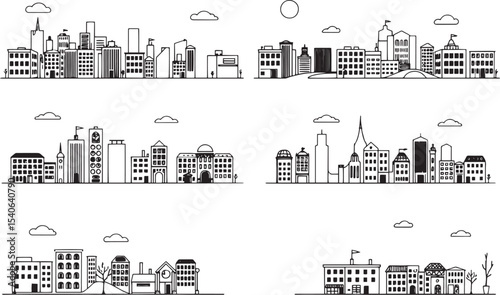 Set of city buildings. Line urban backdrop, different buildings on street, doodle street draw, outline cityscape hand sketch, flat houses. Hand drawn vector illustration
