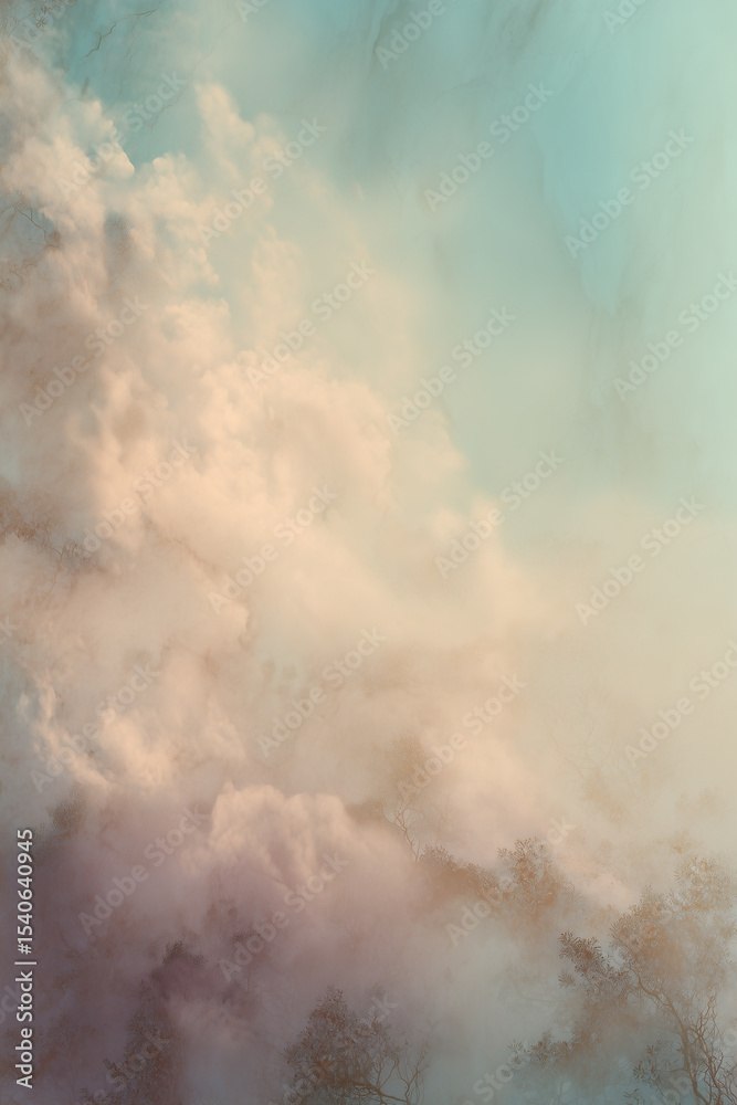 Obraz premium Fluffy pink and turquoise clouds drifting over misty forest canopy