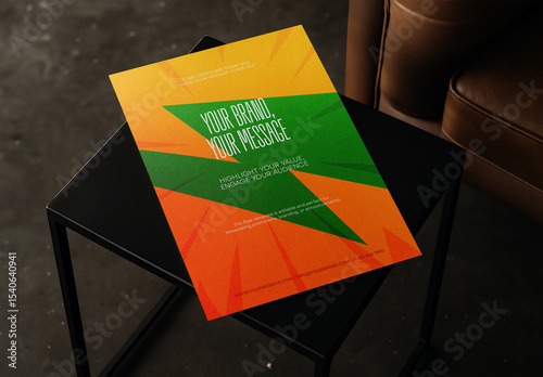 Flyer Mockup Template – Modern Promotional Leaflet and Identity Presentation on Black Metal Table with Soft Indoor Lighting