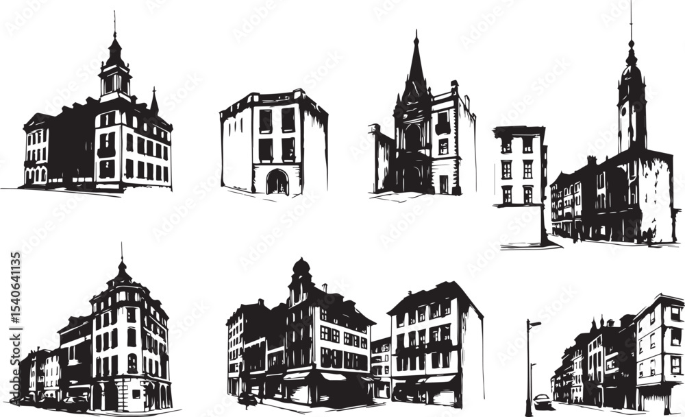 Fototapeta premium Set of city buildings. Line urban backdrop, different buildings on street, doodle street draw, outline cityscape hand sketch, flat houses. Hand drawn vector illustration