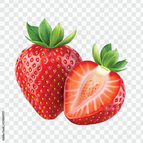 realistic 3d whole strawberry fruit with slice in different style isolated on transparent background