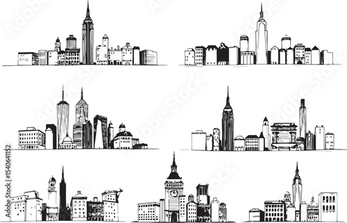 Set of city buildings. Line urban backdrop, different buildings on street, doodle street draw, outline cityscape hand sketch, flat houses. Hand drawn vector illustration