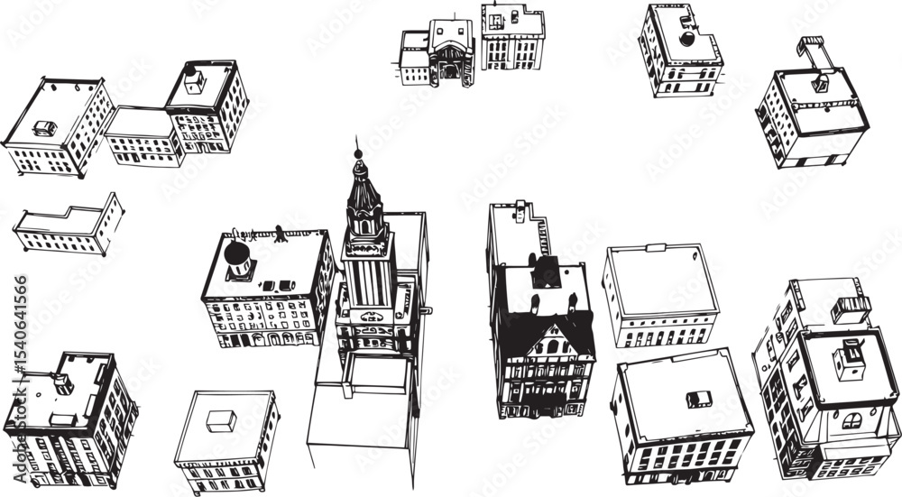 Fototapeta premium Set of city buildings. Line urban backdrop, different buildings on street, doodle street draw, outline cityscape hand sketch, flat houses. Hand drawn vector illustration