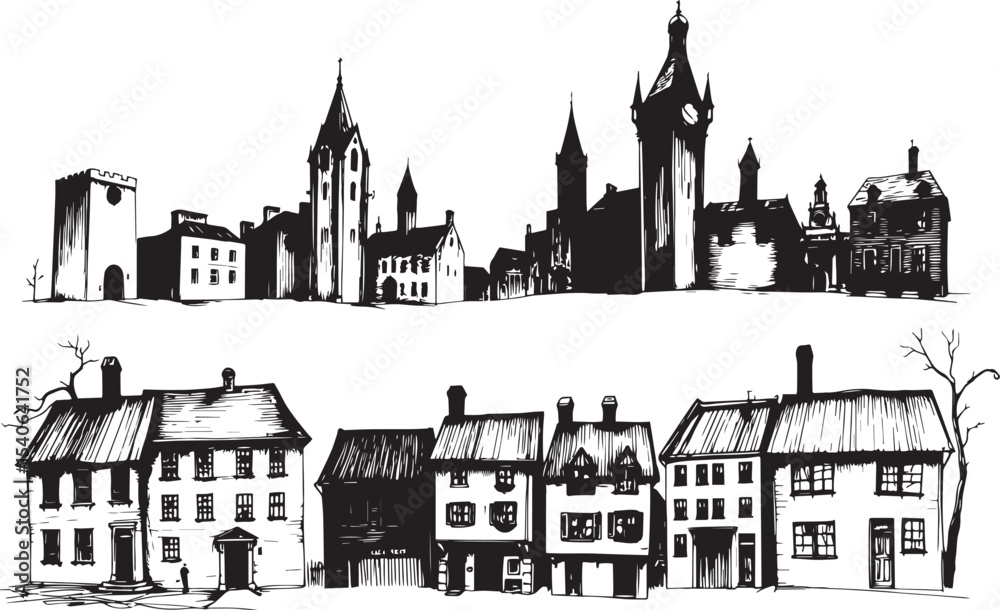 Naklejka premium Set of city buildings. Line urban backdrop, different buildings on street, doodle street draw, outline cityscape hand sketch, flat houses. Hand drawn vector illustration