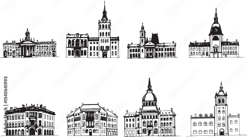 Fototapeta premium Set of city buildings. Line urban backdrop, different buildings on street, doodle street draw, outline cityscape hand sketch, flat houses. Hand drawn vector illustration