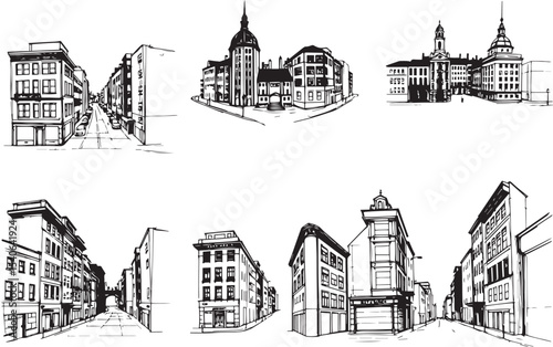 Set of city buildings. Line urban backdrop, different buildings on street, doodle street draw, outline cityscape hand sketch, flat houses. Hand drawn vector illustration