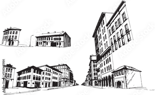 Set of city buildings. Line urban backdrop, different buildings on street, doodle street draw, outline cityscape hand sketch, flat houses. Hand drawn vector illustration