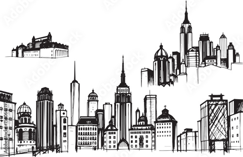 Set of city buildings. Line urban backdrop, different buildings on street, doodle street draw, outline cityscape hand sketch, flat houses. Hand drawn vector illustration