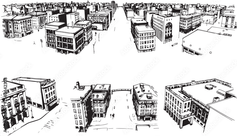Obraz premium Set of city buildings. Line urban backdrop, different buildings on street, doodle street draw, outline cityscape hand sketch, flat houses. Hand drawn vector illustration