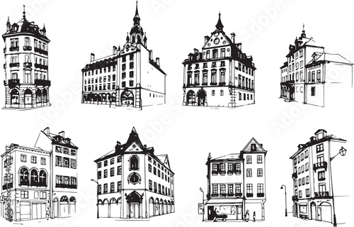 Set of city buildings. Line urban backdrop, different buildings on street, doodle street draw, outline cityscape hand sketch, flat houses. Hand drawn vector illustration
