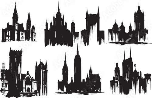 Set of city buildings. Line urban backdrop, different buildings on street, doodle street draw, outline cityscape hand sketch, flat houses. Hand drawn vector illustration