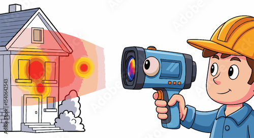 Cartoon Technician Inspecting House with Thermal Imaging Camera for Energy Efficiency