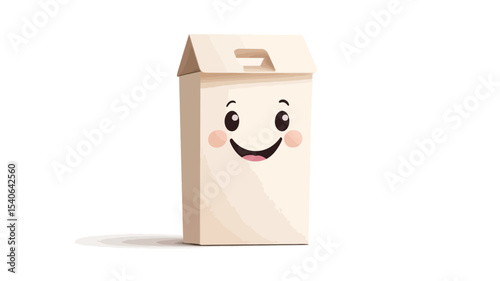A digital illustration of a light beige cardboard box designed as a recycling bin.  The box is rectangular with a house-like roofline and a cut-out handle on top. A simple, cartoonish happy face is