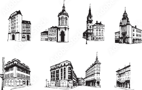 Set of city buildings. Line urban backdrop, different buildings on street, doodle street draw, outline cityscape hand sketch, flat houses. Hand drawn vector illustration