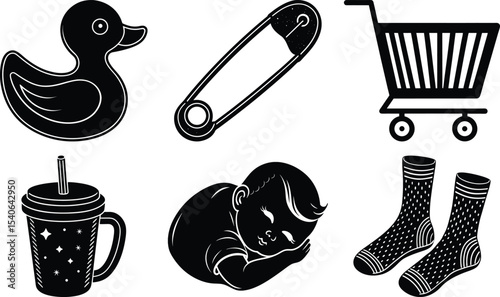 black and white icons set of Rubber duck, Shopping cart insert  deferent icon