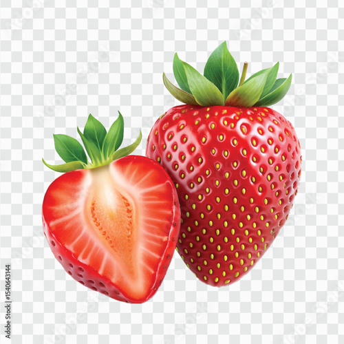 realistic 3d whole strawberry fruit with slice in different style isolated on transparent background