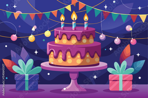 Happy birthday party illustration with sweet dessert cake, candles, and festive balloons