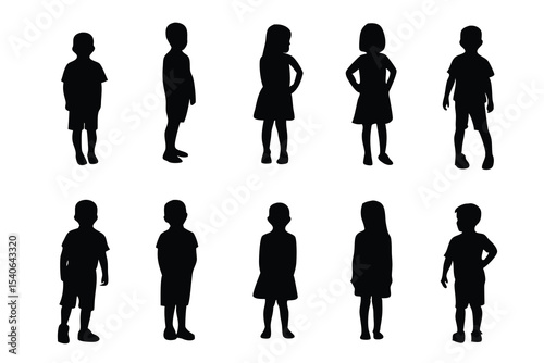 Silhouettes of Children Standing and Playing in Various Poses on White Background