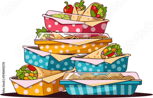 Colorful Stack of Cartoon Lunch Boxes with Wraps and Fresh Vegetables