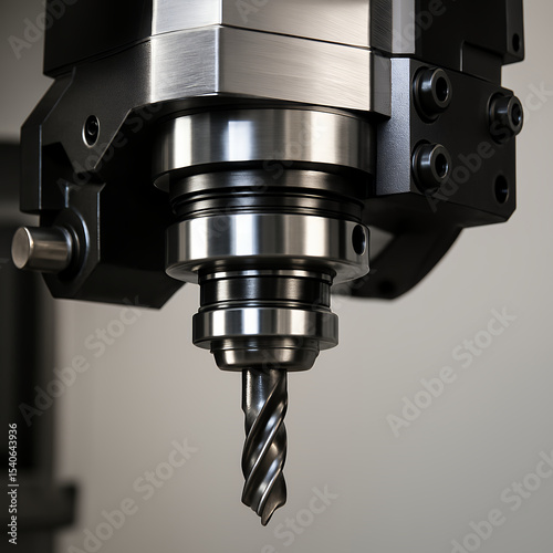 Close-up of a precision drill bit in a CNC machine, emphasizing the cutting tool and mechanical details. Ideal for industrial and manufacturing concepts.