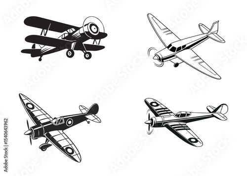 Classic Propeller Airplane Icon Bundle. Vintage Fighter Plane Vector Set. Retro Aviation Logo Icons. A high-quality bundle of vintage propeller airplanes in silhouette and line art styles.