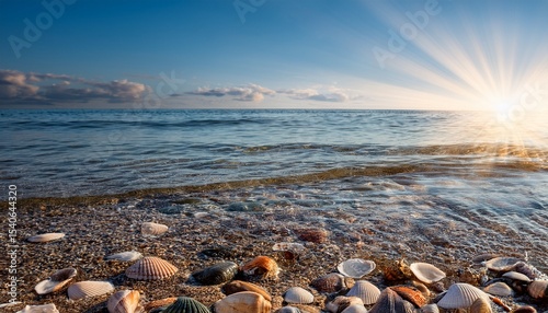 shallow seawater embracing shells and pebbles on beach under sunlight creates serene view