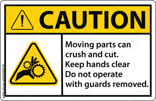 Caution Moving Parts Can Crush and Cut Label Sign logo, badge, icon, sticker, label, emblem, stamp, symbol, black, line, flat vector, isolated illustration	
