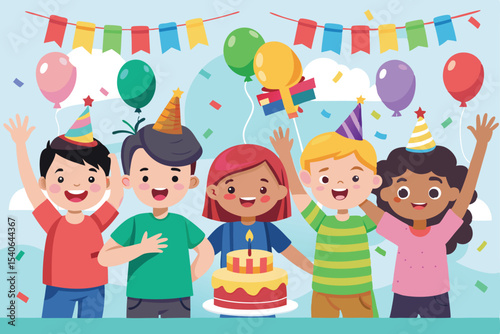 Happy birthday party for a joyous boy with balloons, cake, and friends celebrating childhood fun