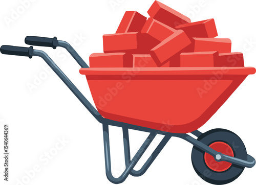 Red Wheelbarrow Overloaded with Bricks, Ready for Construction Work