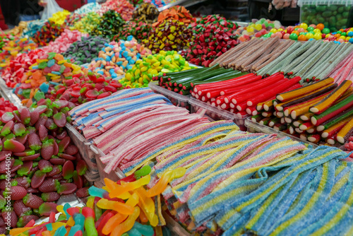Obraz na plátně A vibrant market stand with a variety of colorful candies made with artificial dyes