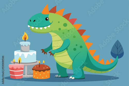 Funny green baby dragon cartoon character illustration on a happy birthday cake with a candle and card