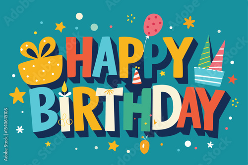 A colorful vector illustration of a happy birthday celebration card design with festive text and fun party decorations