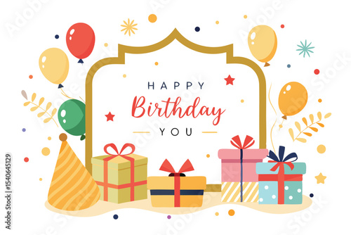Happy birthday celebration card with fun gift boxes, balloons, and sweet cake illustrations