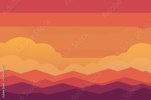 Vector illustration of a vibrant orange sunset over abstract mountain peaks and hills, with a hazy summer sky