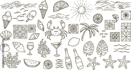 Hand drawn summer beach doodle illustration, tropical elements, ice cream, crab, starfish, cocktails, coral, seashells, palm tree, sun, waves