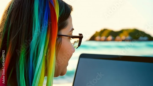 Young female freelancer working with laptop while sitting on the beach of the tropical island. The woman engages in a discussion, her laptop providing essential information for a productive meeting.