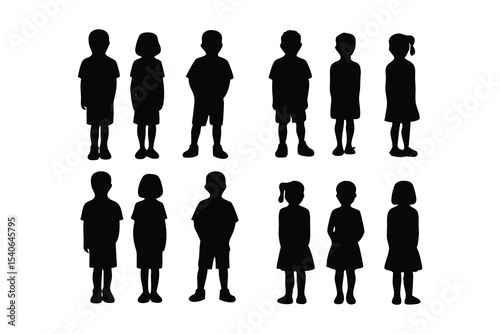 Silhouettes of Children Standing and Playing in Various Poses on White Background