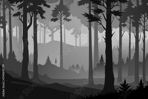 Tropical sunset landscape with silhouetted palm trees on a beach, a vector illustration of a forest and mountains against an orange sky