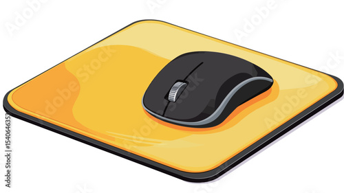 A digital illustration depicts a black computer mouse resting on a bright yellow rectangular mousepad. The mousepad has a slight glossy sheen, and the mouse is shown from a three-quarter