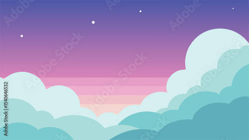 Cartoon cloudscape illustration with gradient sky and stars for creative designs