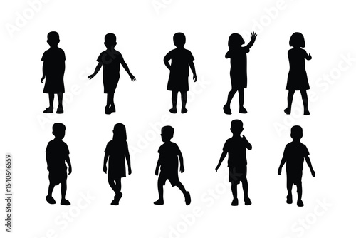 Silhouettes of Children Standing and Playing in Various Poses on White Background