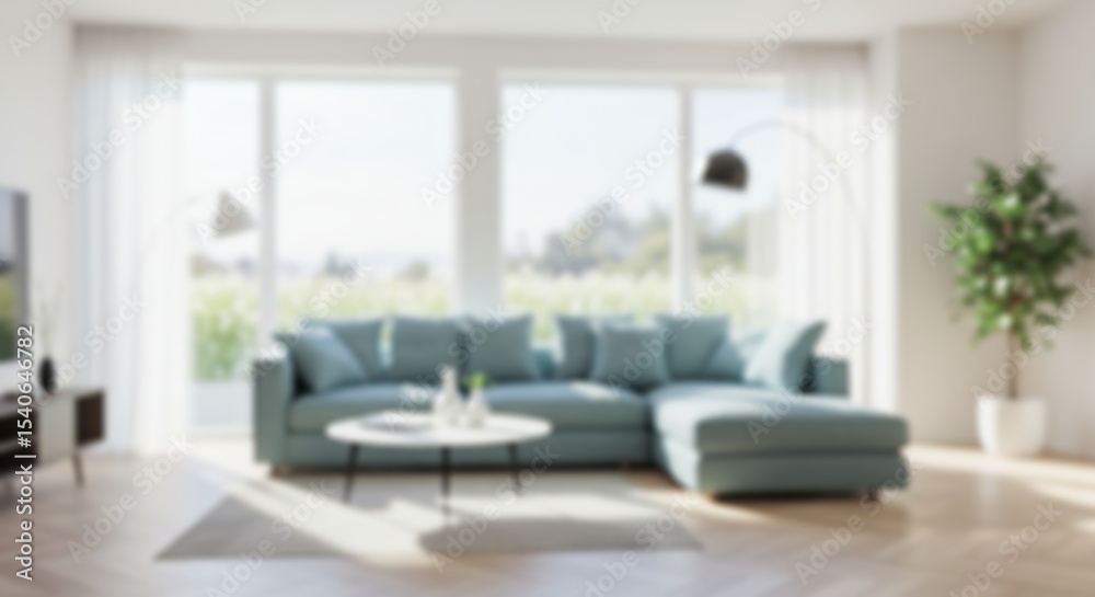 Fototapeta premium Blurred Modern Living Room Interior Design Luxurious Sectional Sofa, Large Windows, and Natural Light Background