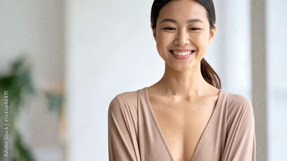 Radiant portrait of smiling young adult Asian woman with fair complexion looking at camera with a bright, friendly expression