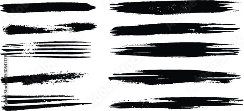 Horizontal black brush lines of differing thicknesses, isolated on a white background. Set of grunge black ink brush strokes on white background. Abstract black brush strokes for artistic design. 